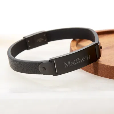 Evesaddiction Men's Engravable Brushed Stainless Steel Leather Id Bracelet In Black