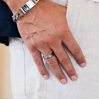 Evesaddiction Engraved Raised Center Tungsten Ring In Silver