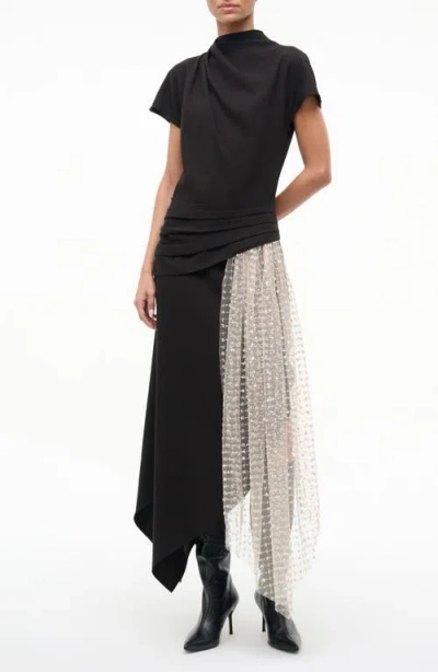 Staud Effie Drape Mock Neck Asymmetric Maxi Dress In Black