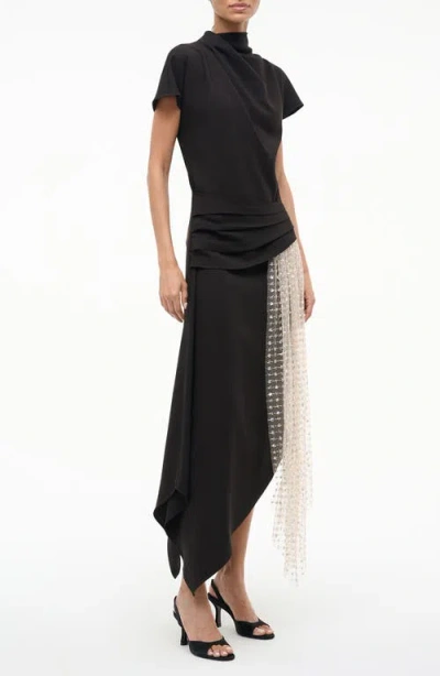 Staud Effie Drape Mock Neck Asymmetric Maxi Dress In Black