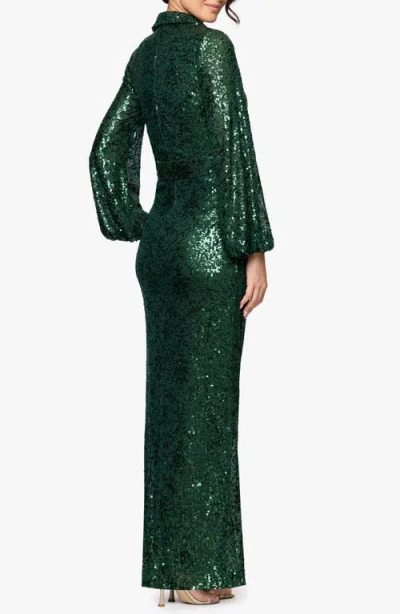 Betsy & Adam Sequin Collar Long Sleeve Gown In Green