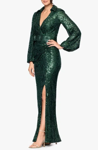 Betsy & Adam Sequin Collar Long Sleeve Gown In Green