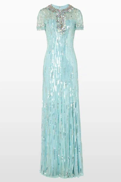 Jenny Packham Nova Sequin-embellished Keyhole-neck Maxi Dress In Blue
