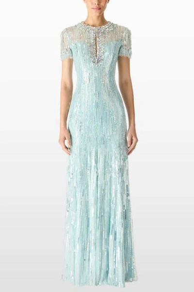 Jenny Packham Nova Sequin-embellished Keyhole-neck Maxi Dress In Blue