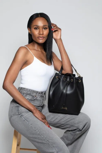 Silver & Riley Madison Drawstring Leather Bucket Bag In Black