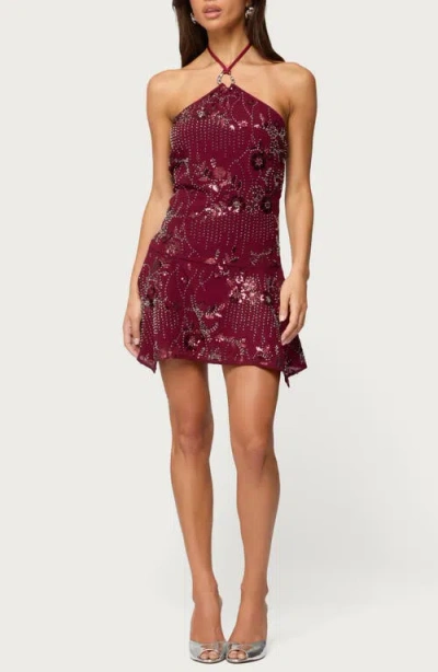 Edikted Adria Beaded Sequin Halter Minidress In Burgundy