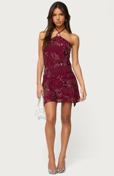 Edikted Adria Beaded Sequin Halter Minidress In Burgundy