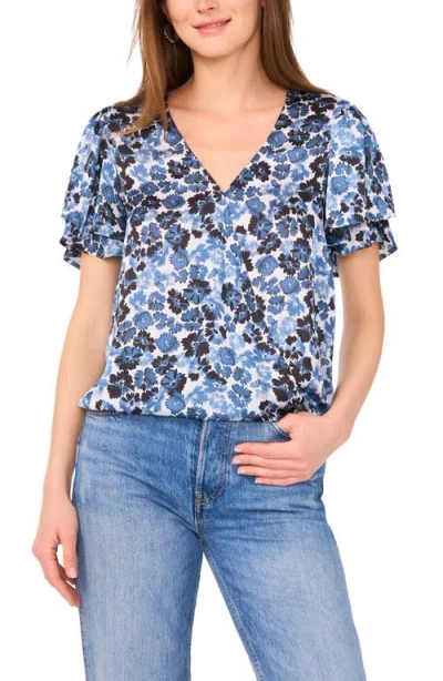 Vince Camuto Floral Print Tulip Sleeve Wrap Top In Blue