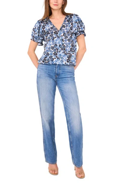 Vince Camuto Floral Print Tulip Sleeve Wrap Top In Blue