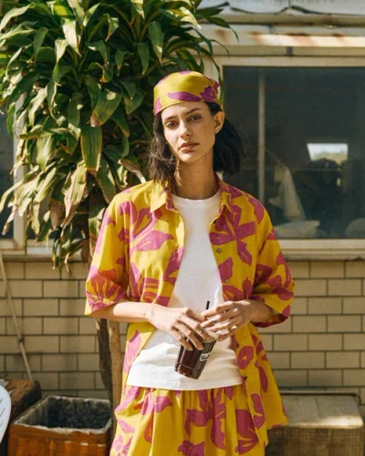 Lost Pattern Nyc "tropical Bliss" Silk Bandana Scarf In Yellow