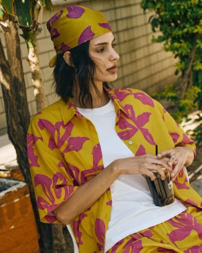 Lost Pattern Nyc "tropical Bliss" Silk Bandana Scarf In Yellow