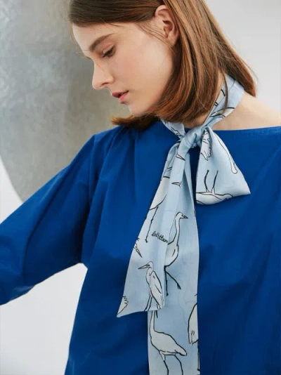 Lost Pattern Nyc "little Egret" Silk Neck Bow Scarf In Blue