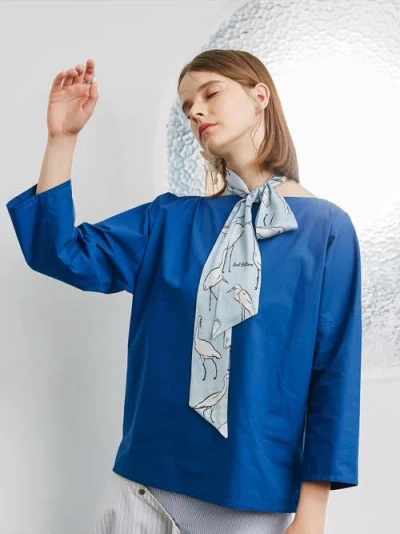 Lost Pattern Nyc "little Egret" Silk Neck Bow Scarf In Blue