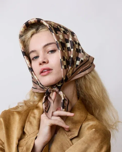 Lost Pattern Nyc "houndstooth Moderne" Silk Bandana Scarf In Neutral