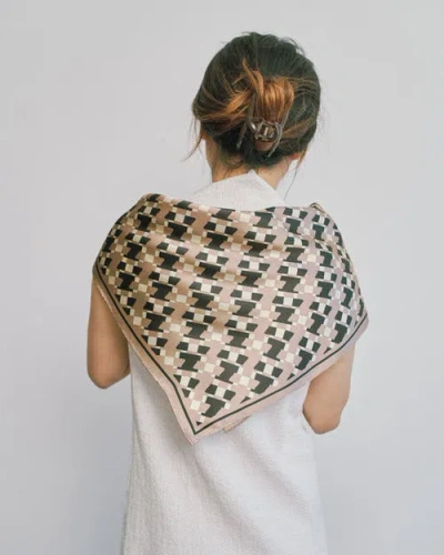 Lost Pattern Nyc "houndstooth Moderne" Silk Bandana Scarf In Neutral