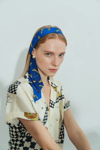 Lost Pattern Nyc "journey" Silk Twill Skinny Scarf By Shantall Lacayo In Blue