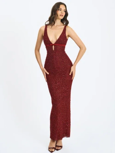 Miss Circle Elora Sequin Beaded Keyhole Maxi Dress In Red