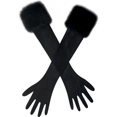 Miss Circle Eve Fur-trimmed Mesh Opera-length Gloves In Black