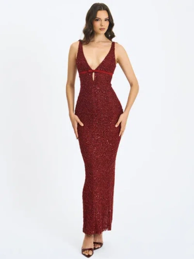 Miss Circle Elora Sequin Beaded Keyhole Maxi Dress In Red