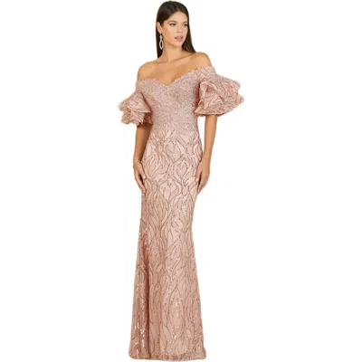 Lara New York Off Shoulder Mermaid Beaded Gown With Tiered Sleeves In Pink