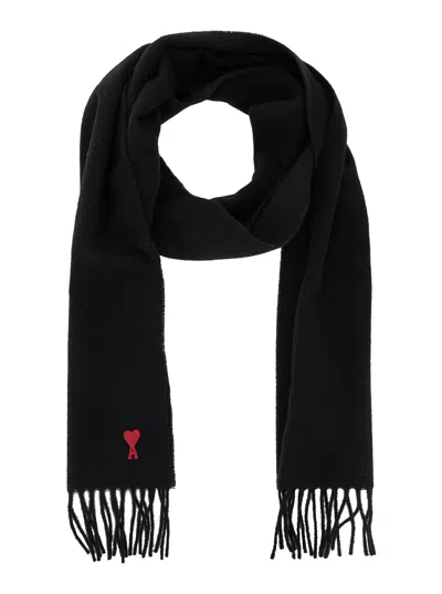 Ami Alexandre Mattiussi Ami Paris Women Black Rectangular Oversize Scarf With Adc Patch On The Front In Wool Woman In Black