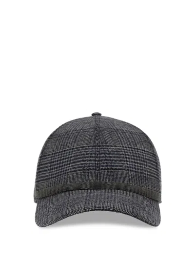 Brunello Cucinelli Women Prince Of Wales Fabric Baseball Hat With Shiny Band In Gray