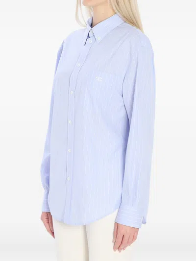 Celine Women Wide-sleeved Cotton Poplin Shirt With Stripes In Blue