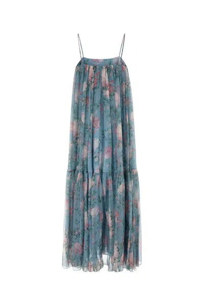 Chloé Chloe Women Long Dress Peonies Print On Organic Silk Mousseline In Blue
