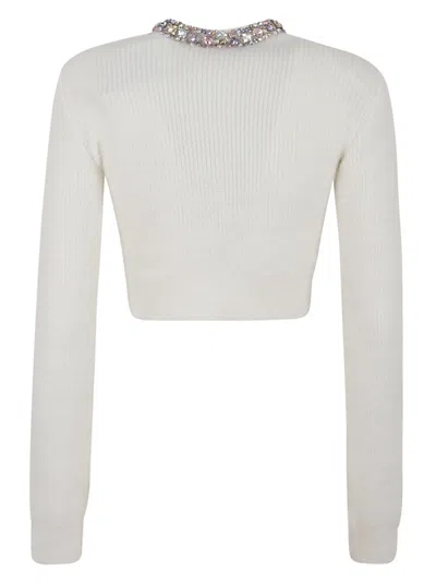 Self-portrait Whirw Cropped Crewneck Cardigan With Crystal Embellishments On Collar And Buttons In Wool Blend Woma In White
