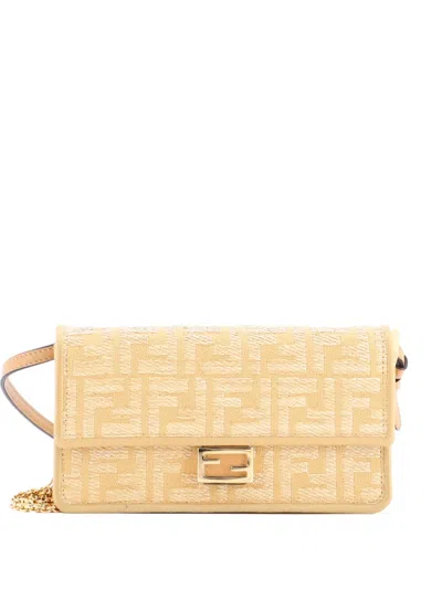 Pre-owned Fendi Baguette Wallet On Chain Zucca Embroidered Raffia Shoulder Bag In Neutral