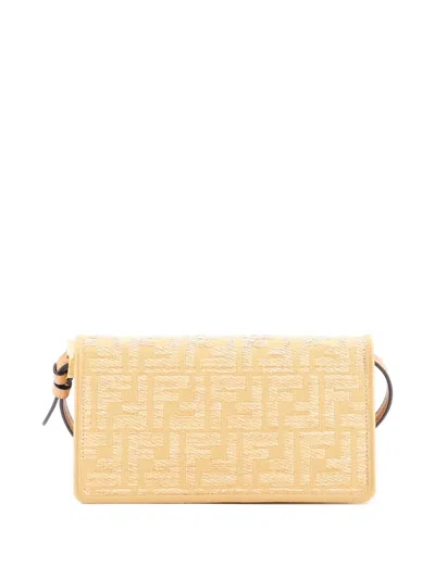 Pre-owned Fendi Baguette Wallet On Chain Zucca Embroidered Raffia Shoulder Bag In Neutral