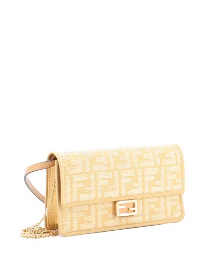 Pre-owned Fendi Baguette Wallet On Chain Zucca Embroidered Raffia Shoulder Bag In Neutral