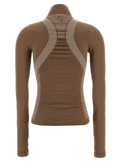 Fendi High Neck Long Sleeve Stretch Jersey In Brown