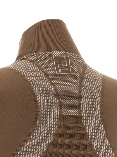 Fendi High Neck Long Sleeve Stretch Jersey In Brown