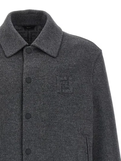 Fendi Double Wool Jacket With Ff Detail In Gray
