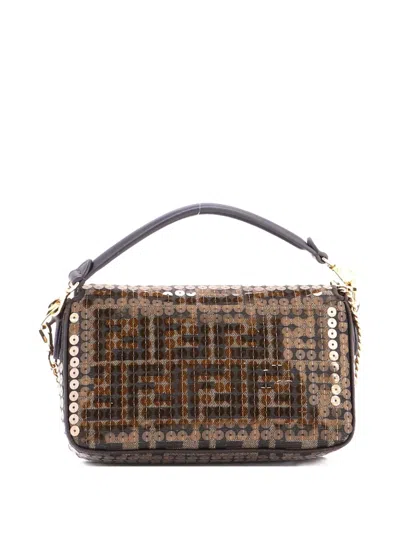 Pre-owned Fendi Baguette Nm Bag Sequin Embellished Zucca Canvas Mini Crossbody Bag In Brown