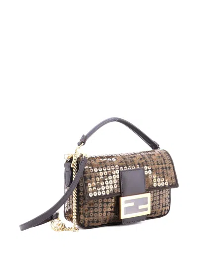 Pre-owned Fendi Baguette Nm Bag Sequin Embellished Zucca Canvas Mini Crossbody Bag In Brown