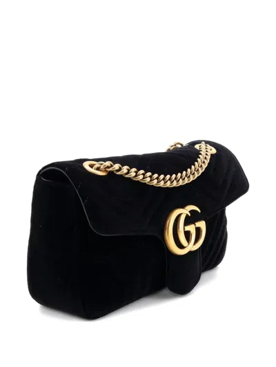 Pre-owned Gucci Gg Marmont Flap Bag Matelasse Velvet Small Shoulder Bag In Black