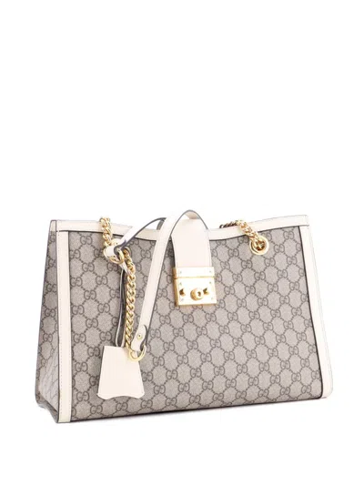 Pre-owned Gucci Padlock Chain Gg Coated Canvas With Leather Medium Tote Bag In Gray