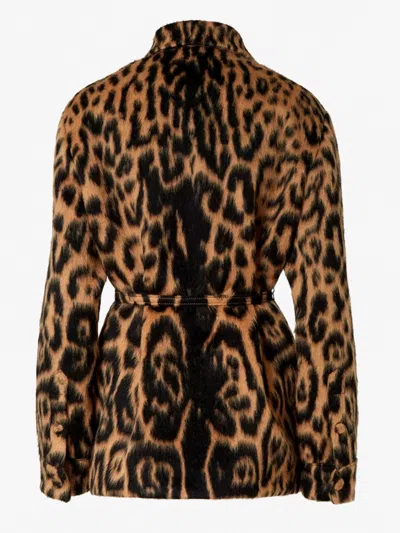 Fendi Women Multicolor Coat With Ff Buckled Belt On The Front And All-over Leopard Motif In Wool Ble In Multi