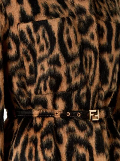 Fendi Women Multicolor Coat With Ff Buckled Belt On The Front And All-over Leopard Motif In Wool Ble In Multi