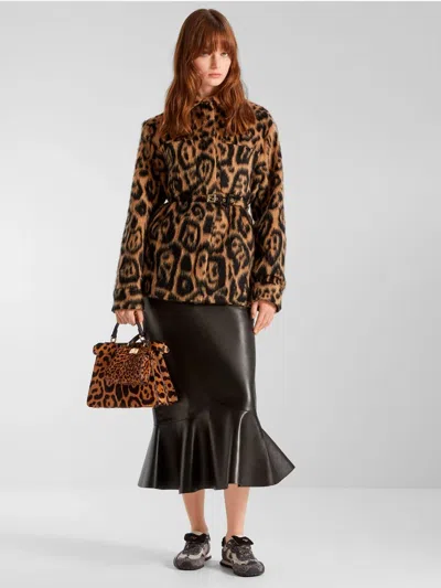 Fendi Women Multicolor Coat With Ff Buckled Belt On The Front And All-over Leopard Motif In Wool Ble In Multi