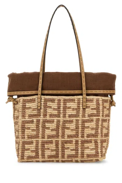 Fendi Women Embroidered Straw Small Roll Shopping Bag In Multi