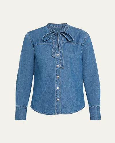 Veronica Beard Gabby Denim Tie-neck Shirt In Blue