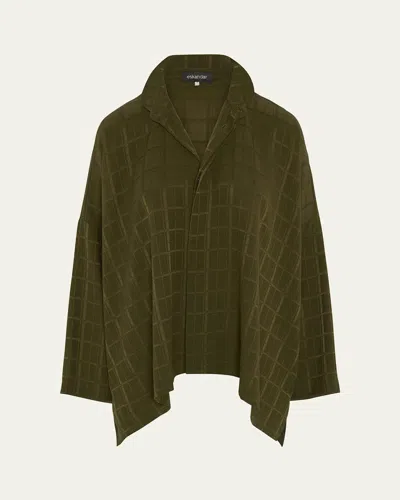 Eskandar Satin Box Check Jacquard Wide Longer-back Double-stand Collar Shirt (mid Plus Length) In Green