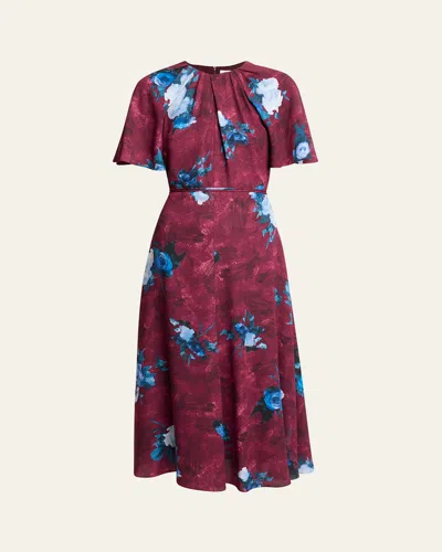 Erdem Floral-print Short-sleeve Midi Dress In Burgundy