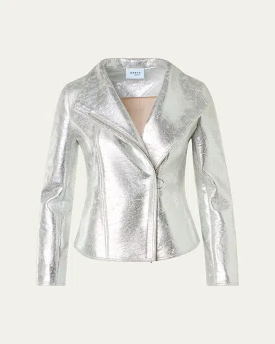 Akris Punto Metallic Leather Moto Jacket In Silver