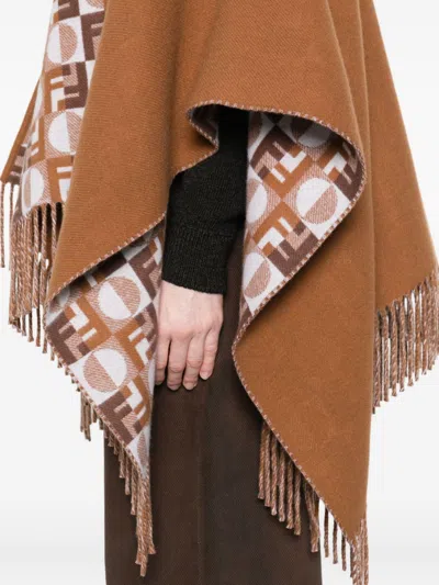 Fendi Biscuit Wool Blend Reversible Cape In Brown