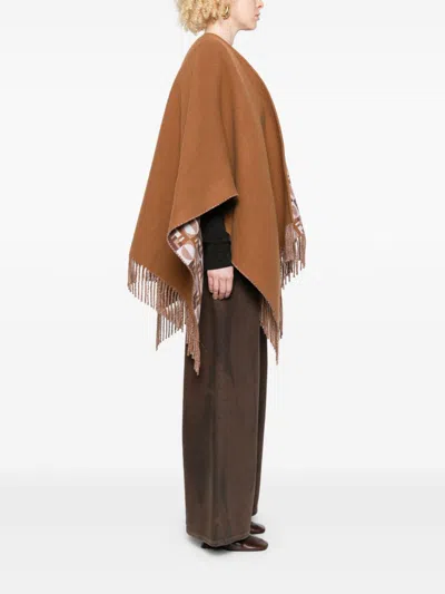 Fendi Biscuit Wool Blend Reversible Cape In Brown