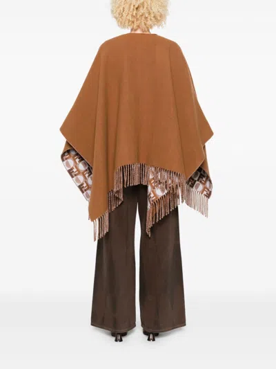 Fendi Biscuit Wool Blend Reversible Cape In Brown